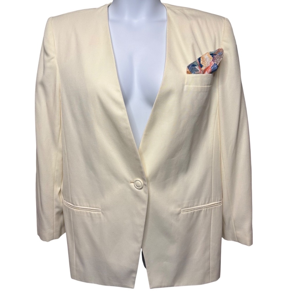 NWT VTG 80s GILMOR Cream Collarless Padded Shoulder Blazer 14 Pocket Square Chic